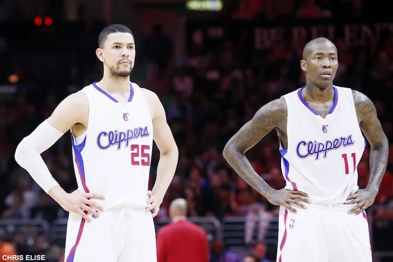 19 January 2015: Los Angeles Clippers point guard Austin Rivers (25) rests next to Los Angeles Clippers guard Jamal Crawford (11) during the Los Angeles Clippers 102-93 victory over the Boston Celtics, at the Staples Center, Los Angeles, California, USA.