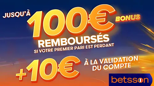 Betsson offre 10€ sans dépôt et jusqu’à 100€ de bonus sur le 1er pari perdant.