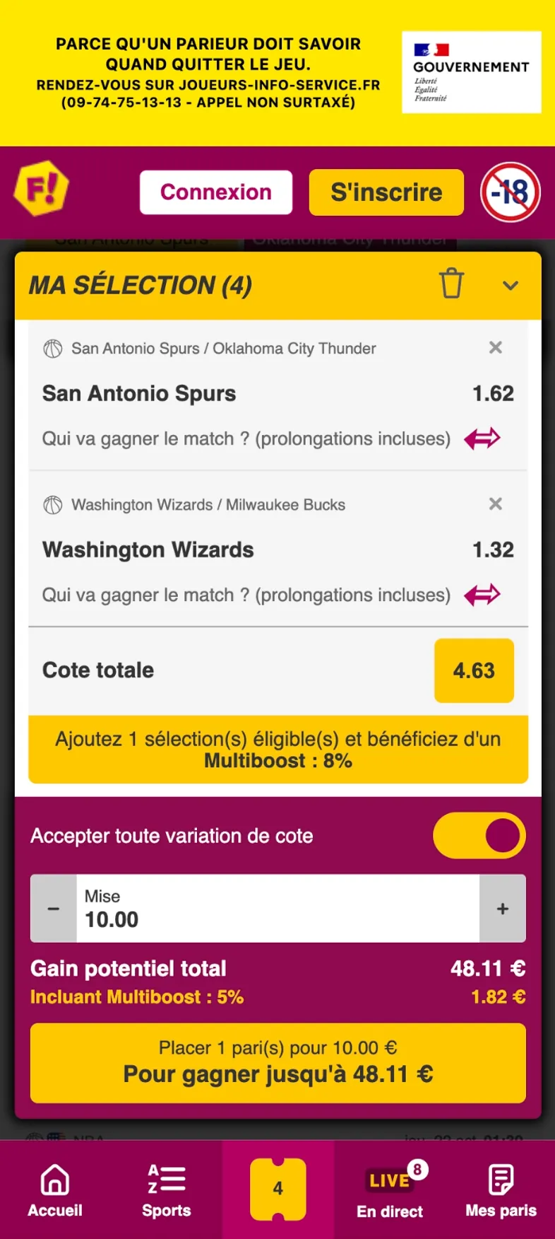 Ticket de pari de 4 sélections avec Multiboost de 5% activé