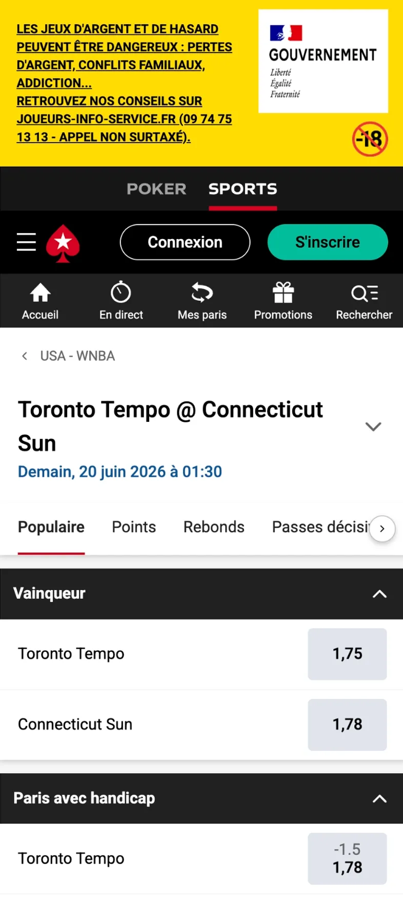 Section basket WNBA de l’application Pokerstars