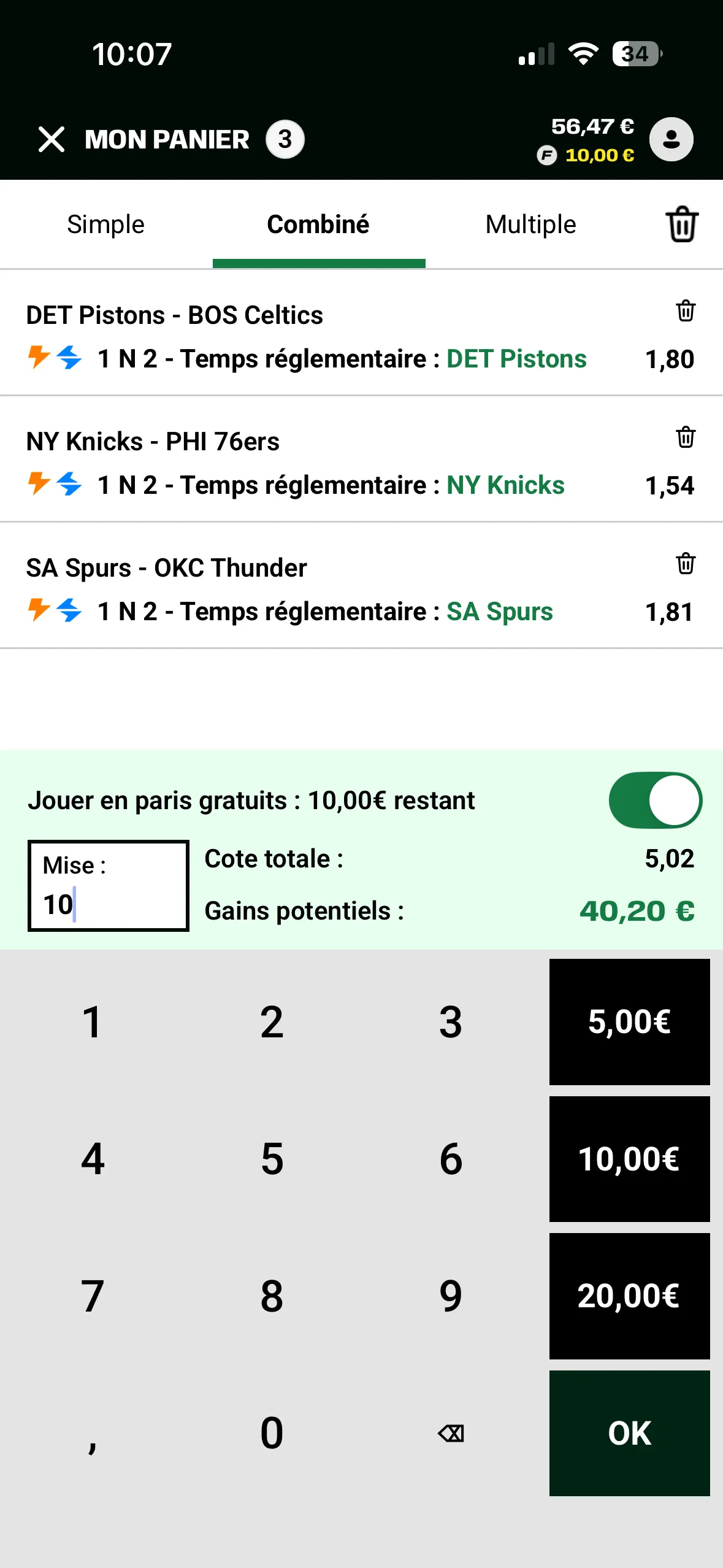 Pari combiné en freebets sur 3 matchs NBA avec la cote de 5,02