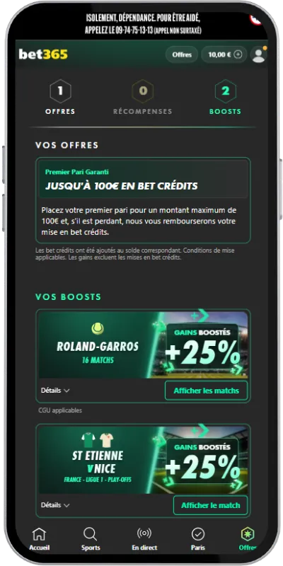 Vue de notre page "offres" lors de notre test du bonus Bet365