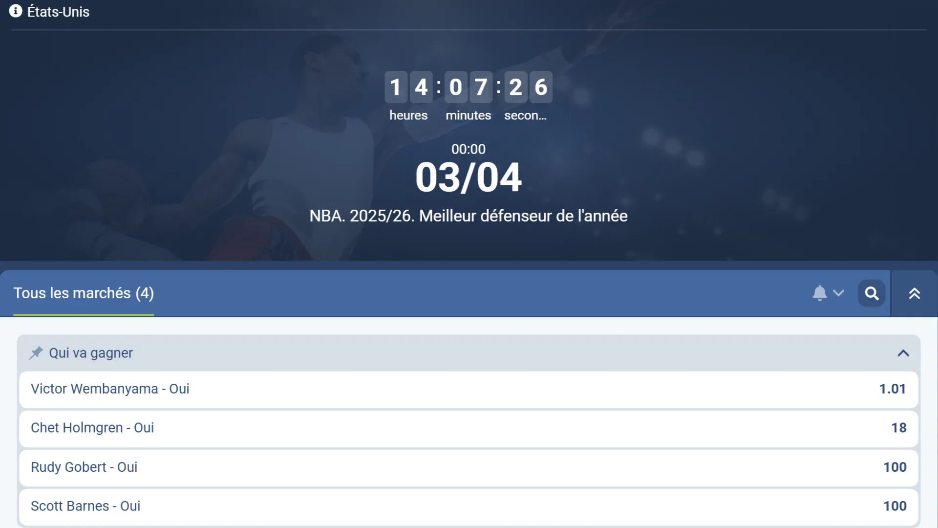 Code promo 1xBet pour parier sur le Meilleur Défenseur NBA 2025/2026 Victor Wembanyama.