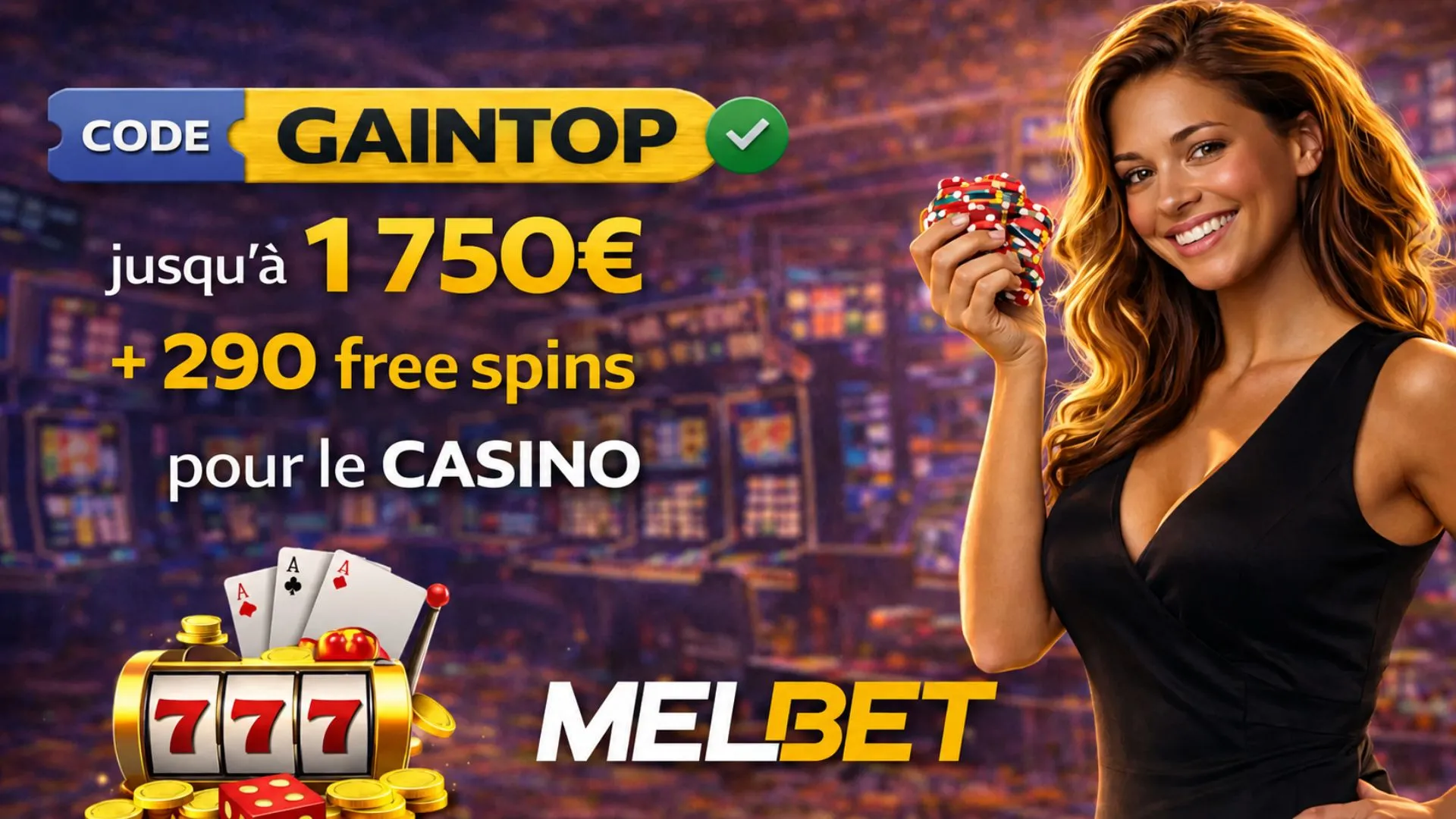 Code bonus Melbet casino GAINTOP avec bonus casino jusqu’à 1750 € et 290 free spins