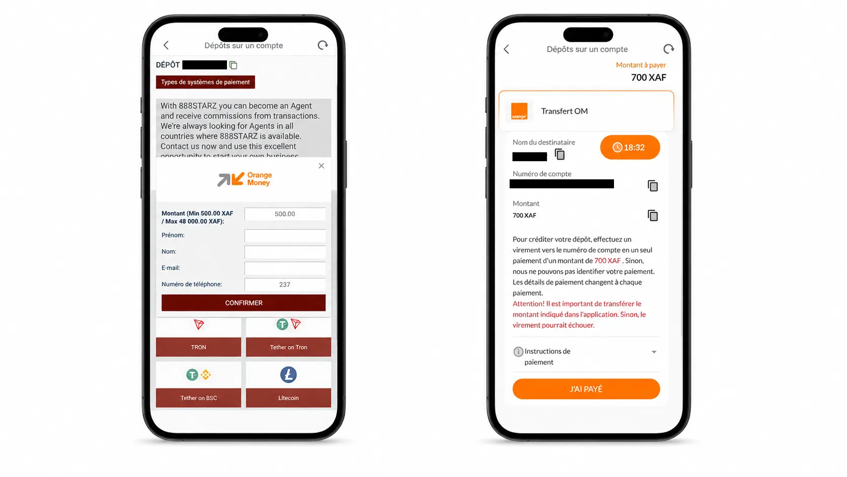 Page dépôt via Orange Money sur 888starz