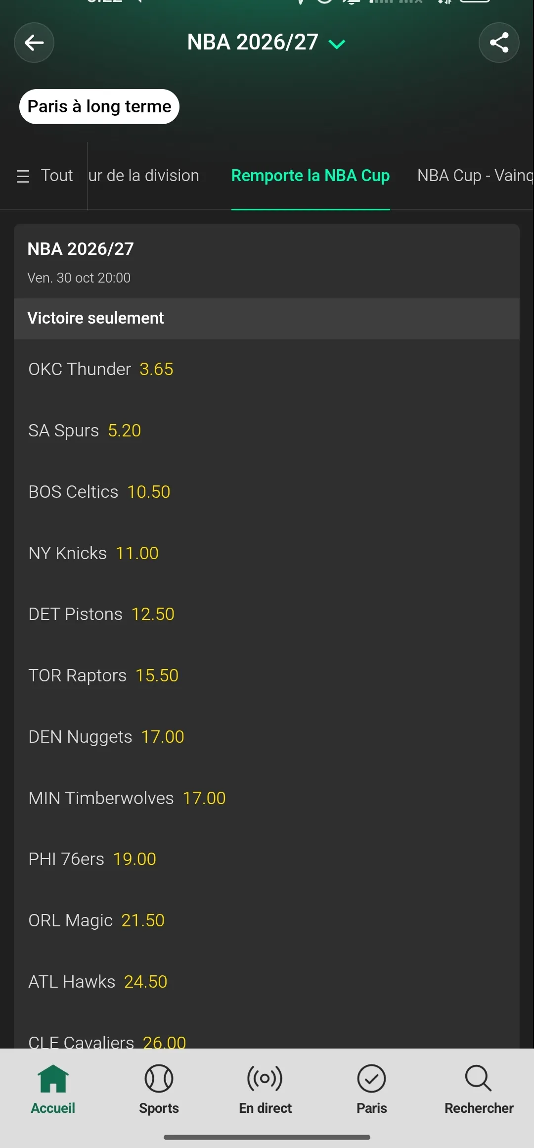 Liste des cotes pour la NBA Cup sur bet365 le 22 juillet 2026