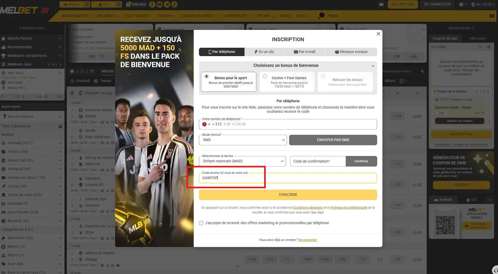 Inscription sur Melbet avec le code promo GAINTOP