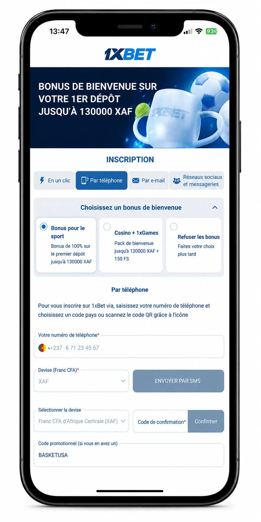 Formulaire d'inscription 1xBet avec bonus sport et code promo BASKETUSA