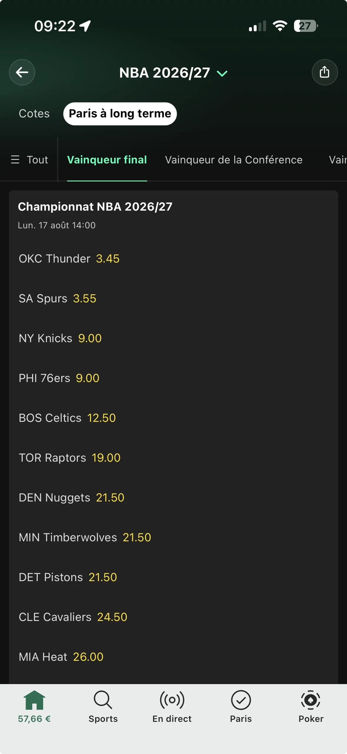 Cotes vainqueur NBA 2026-2027 - 14/08/2026