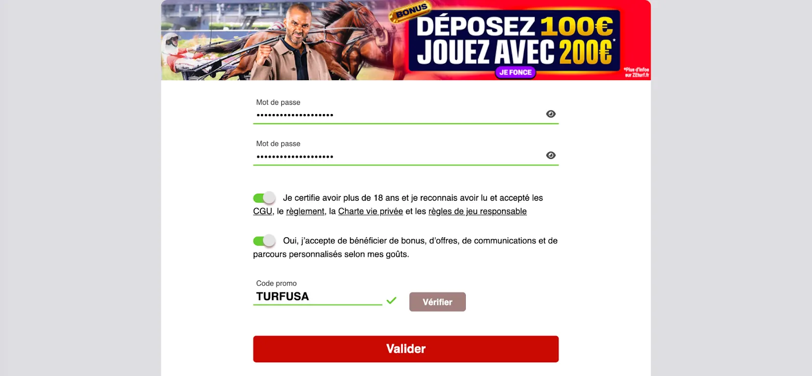 Dans le champ code promo du formulaire ZEturf, saisissez TURFUSA