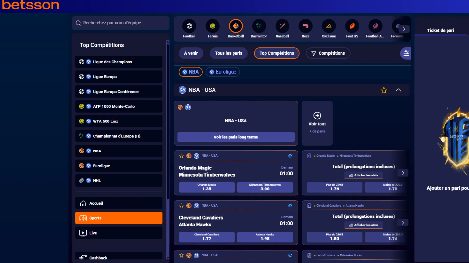 Betsson permet de parier sur la NBA avec 10 € sans dépot 