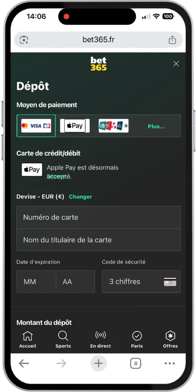 Test du dépôt sur bet365