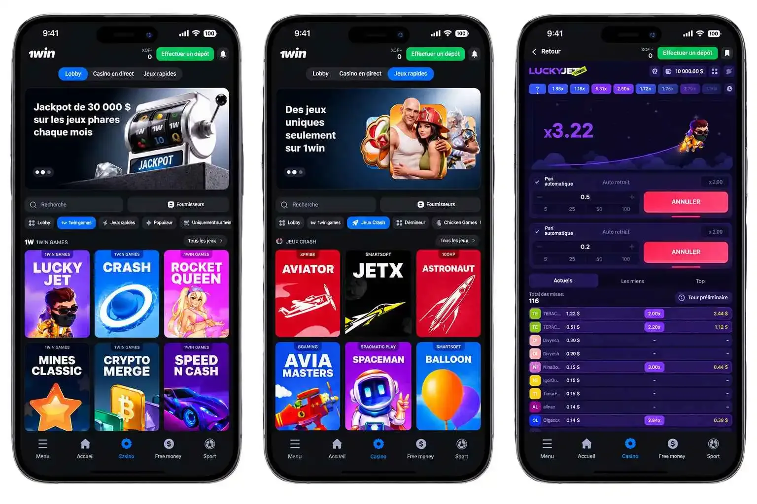 Avis de l'interface casino sur l'application 1win 