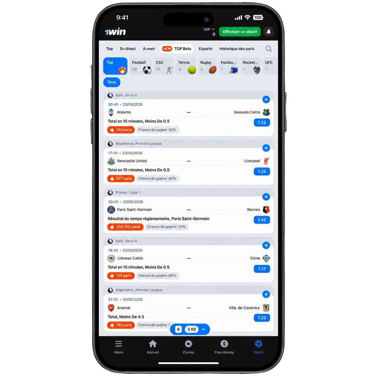 Avis Top Bets dans l'application 1win