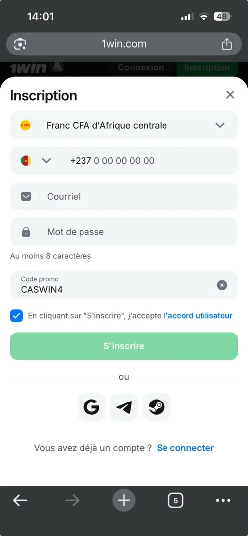 Inscription avec code promo 1Win CASWIN4