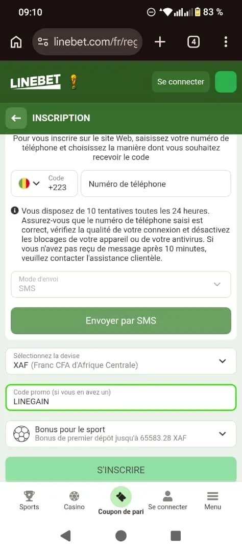 Complétez le formulaire d'inscription pour ouvrir un compte sur Linebet