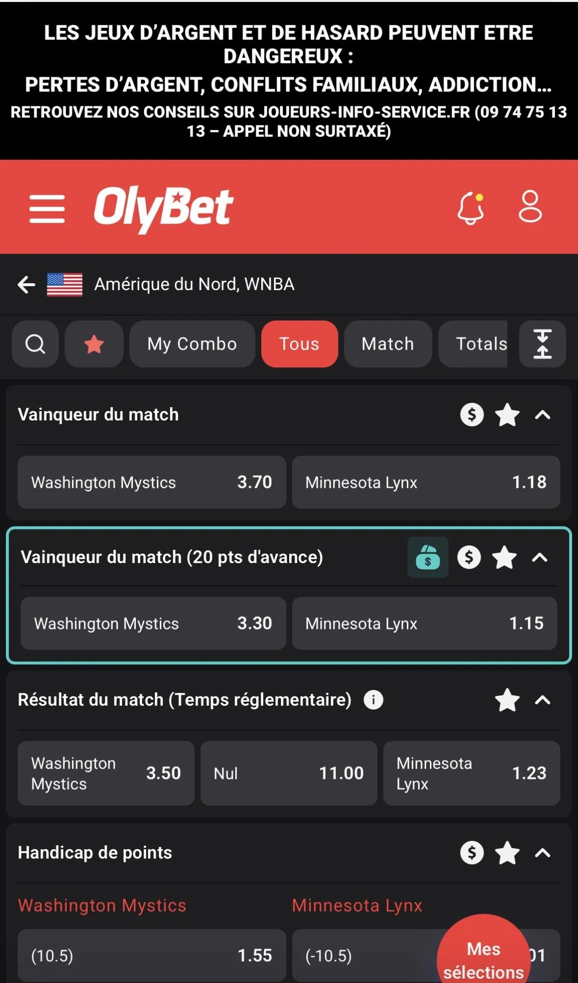 Interface d’OlyBet sur les matchs WNBA 2026, le 24 juin 2026