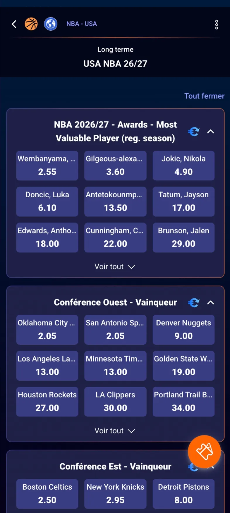 Paris long terme 2627 NBA avec l’app Betsson