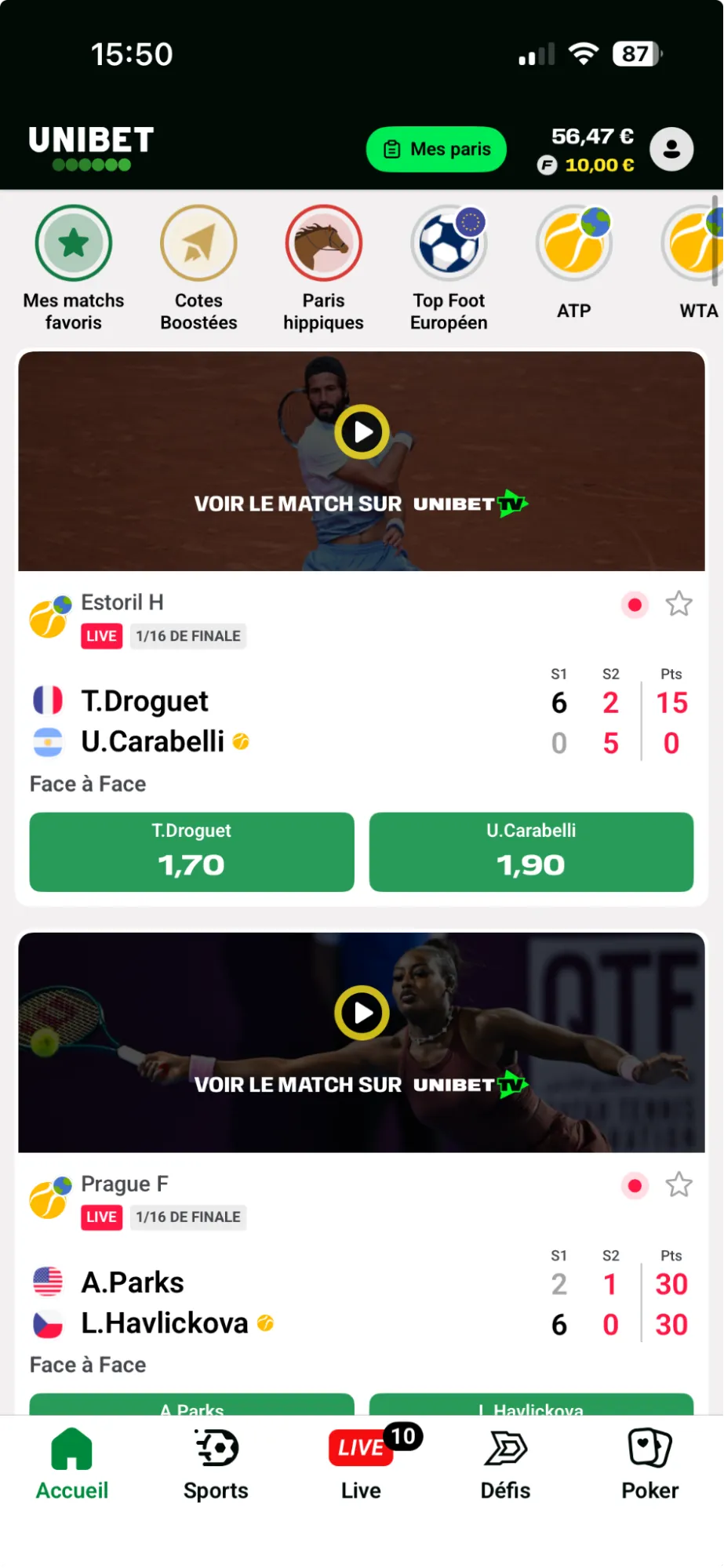 Aucun module de recherche sur l’accueil de l’application Unibet
