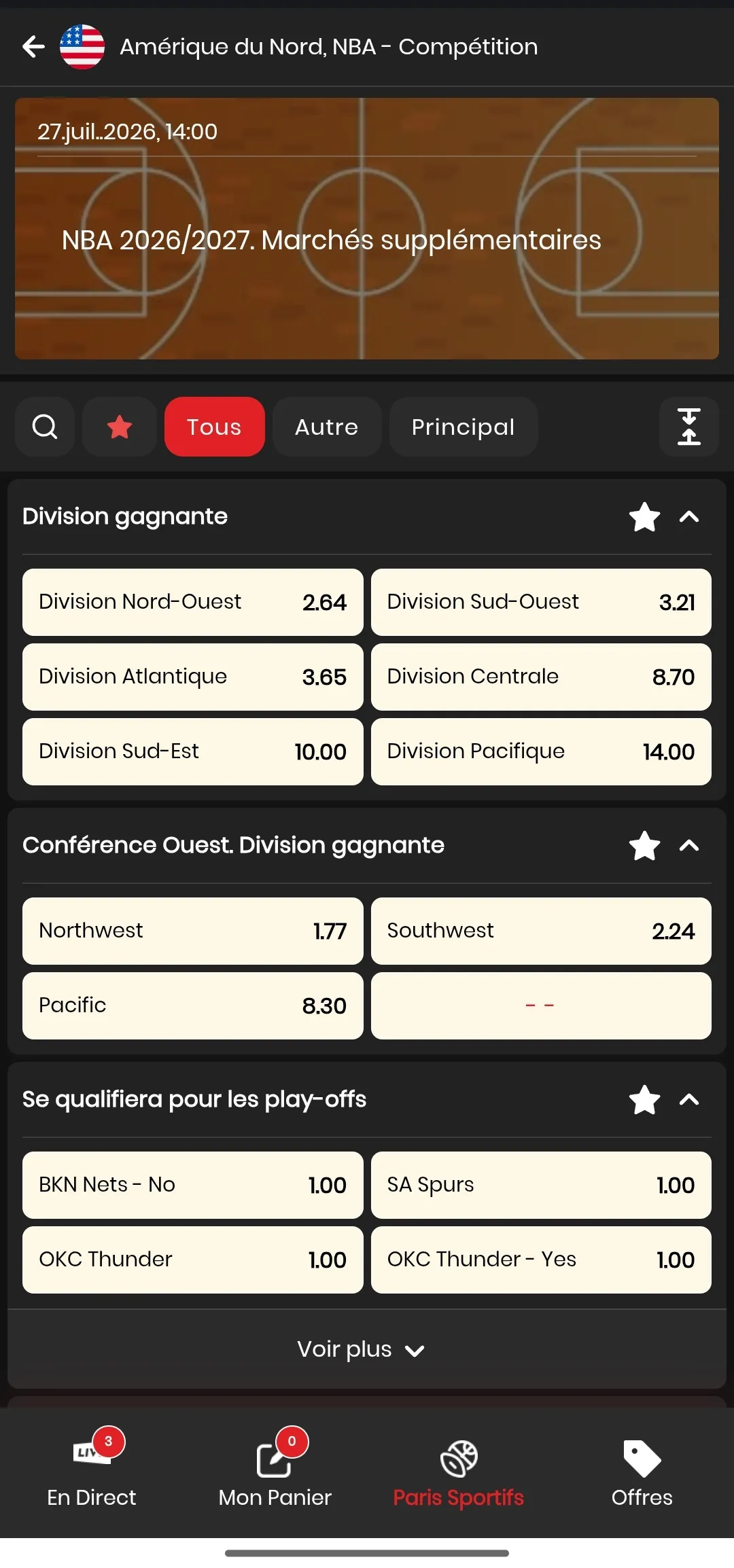 Interface de marchés pour la NBA sur CircusBet le 22 juillet 2026