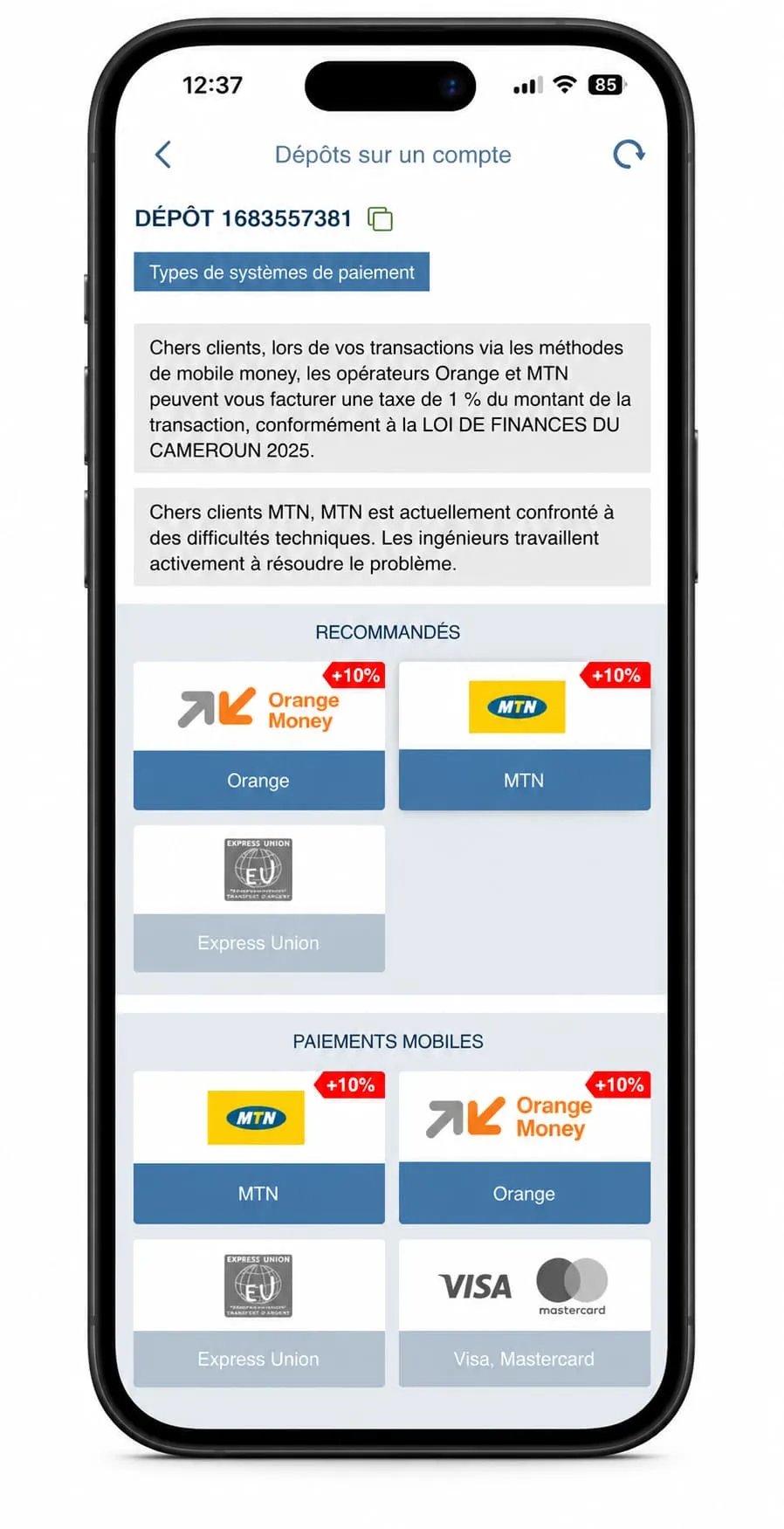 Méthodes de dépôt 1xBet : Orange Money, MTN, Express Union et Visa Mastercard avec bonus +10%