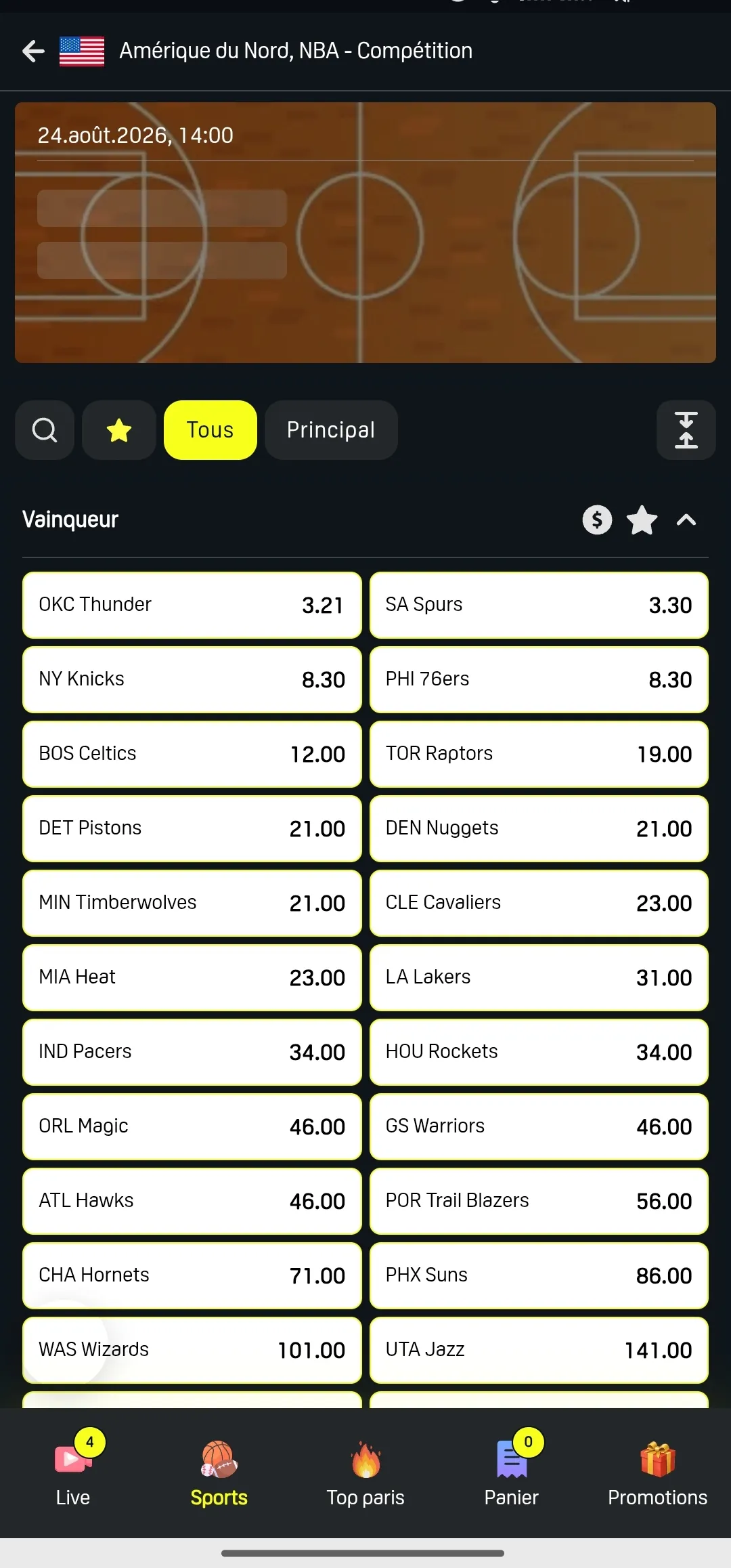 Interface de DaznBet sur le marché Vainqueur de la NBA 2026/2027, le 19 août 2026