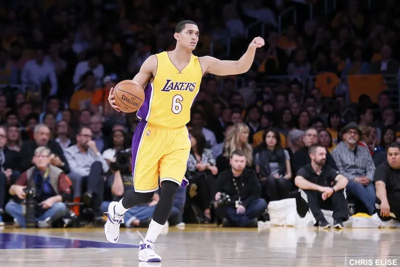 29 January 2015: Los Angeles Lakers guard Jordan Clarkson (6) brings the ball up court during the Los Angeles Lakers 123-118 2OT victory over the Chicago Bulls, at the Staples Center, Los Angeles, California, USA.