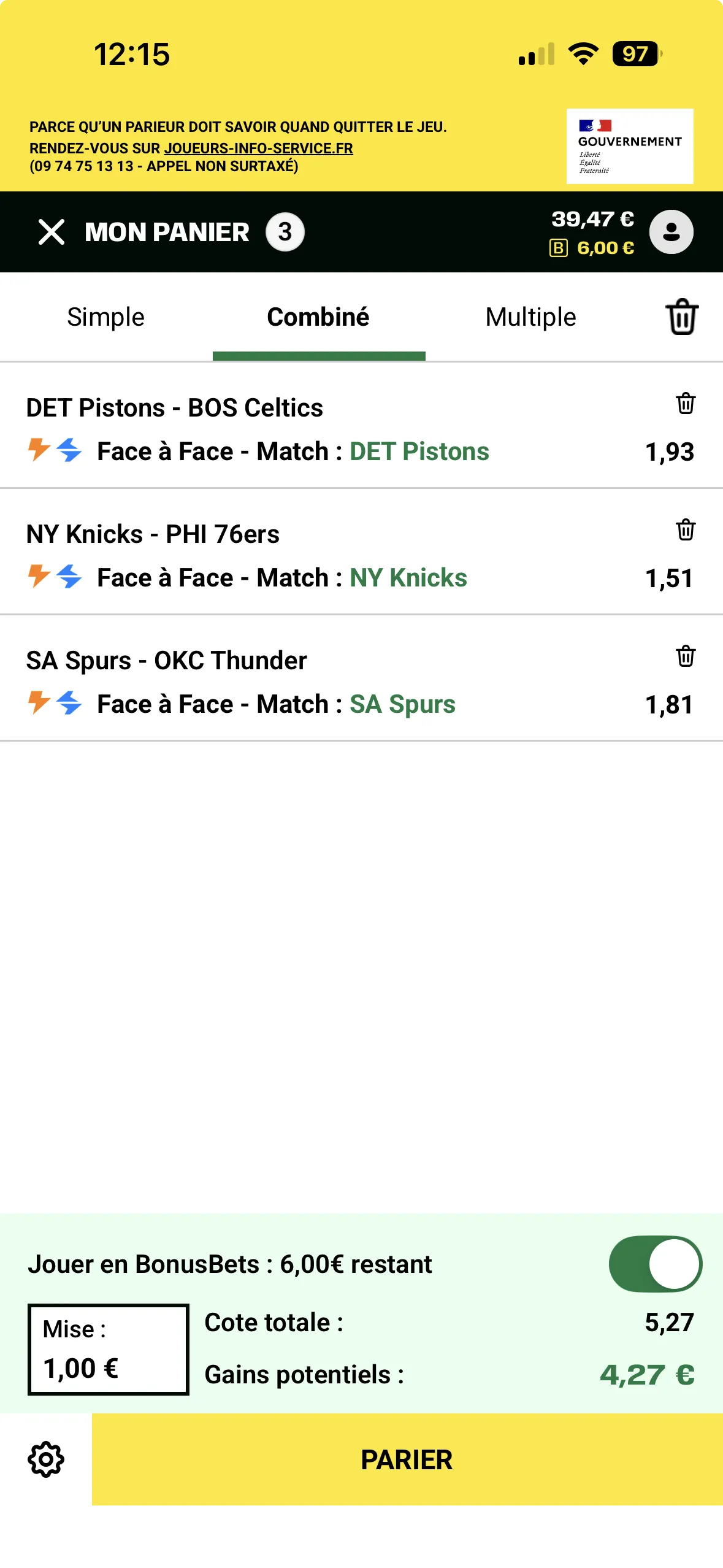 Combiné Unibet en freebets sur Pistons, Knicks et Spurs du 20 octobre 2026, cote de 5,27
