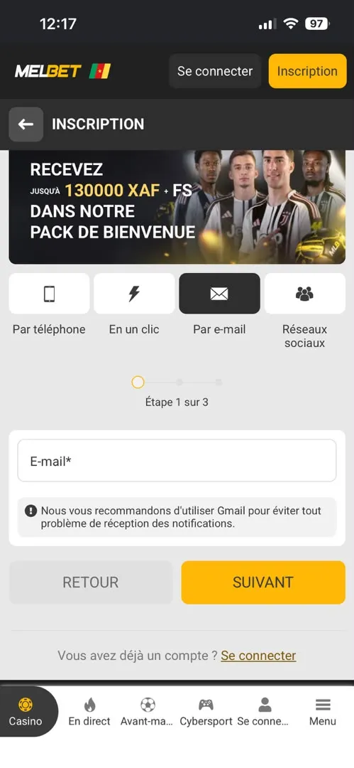 Inscription par email MelBet