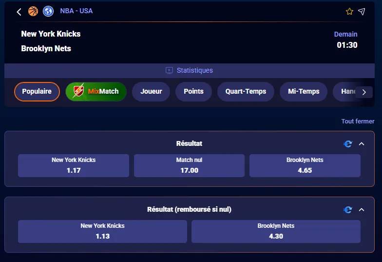 Les cotes Betsson pour New York Knicks vs Brooklyn