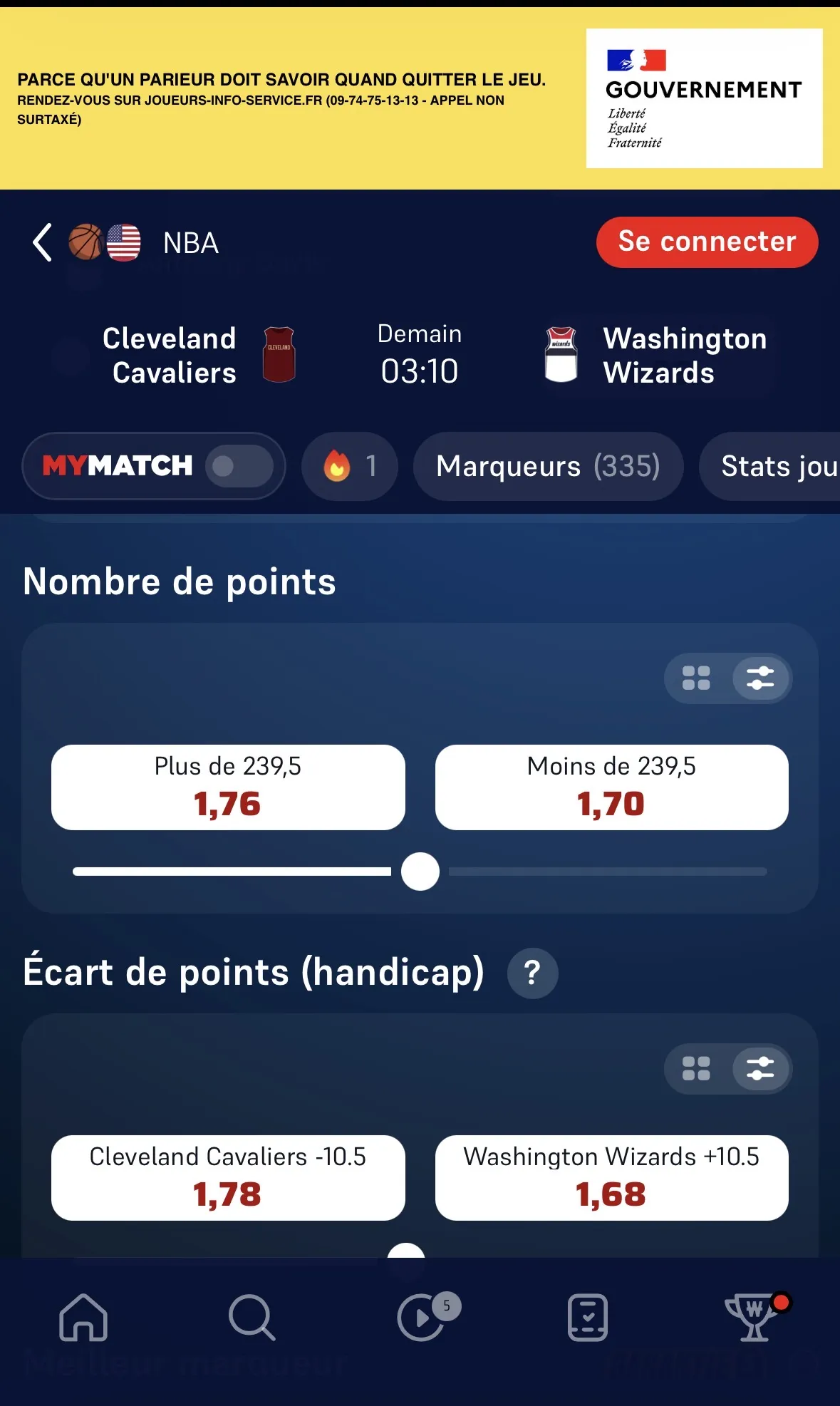 Cotes Winamax sur le marché Cavaliers-Wizards relevé le 28 octobre 2026 (1/2)