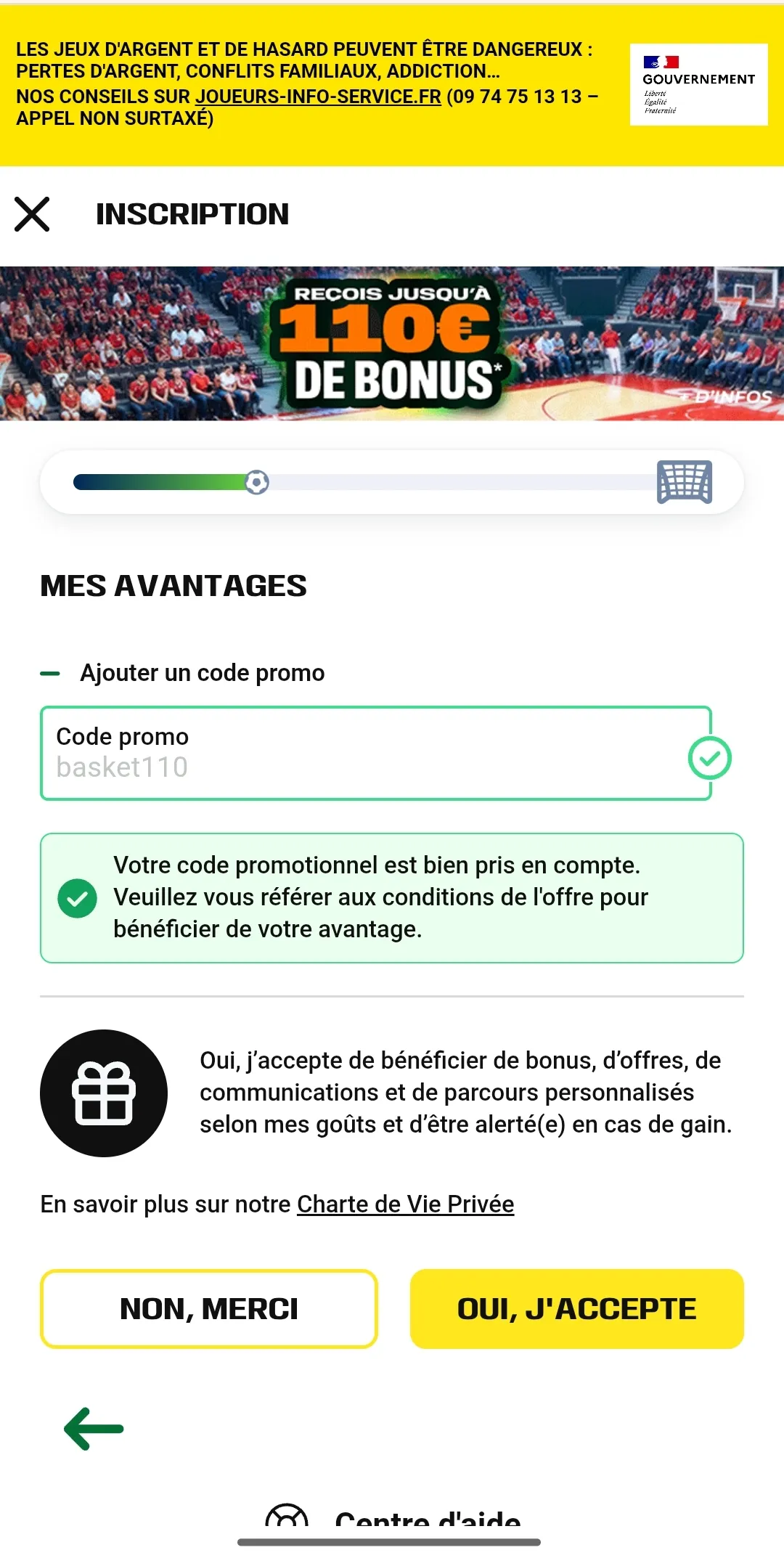 Étape de l'inscription où le code promo BASKET110 est renseigné