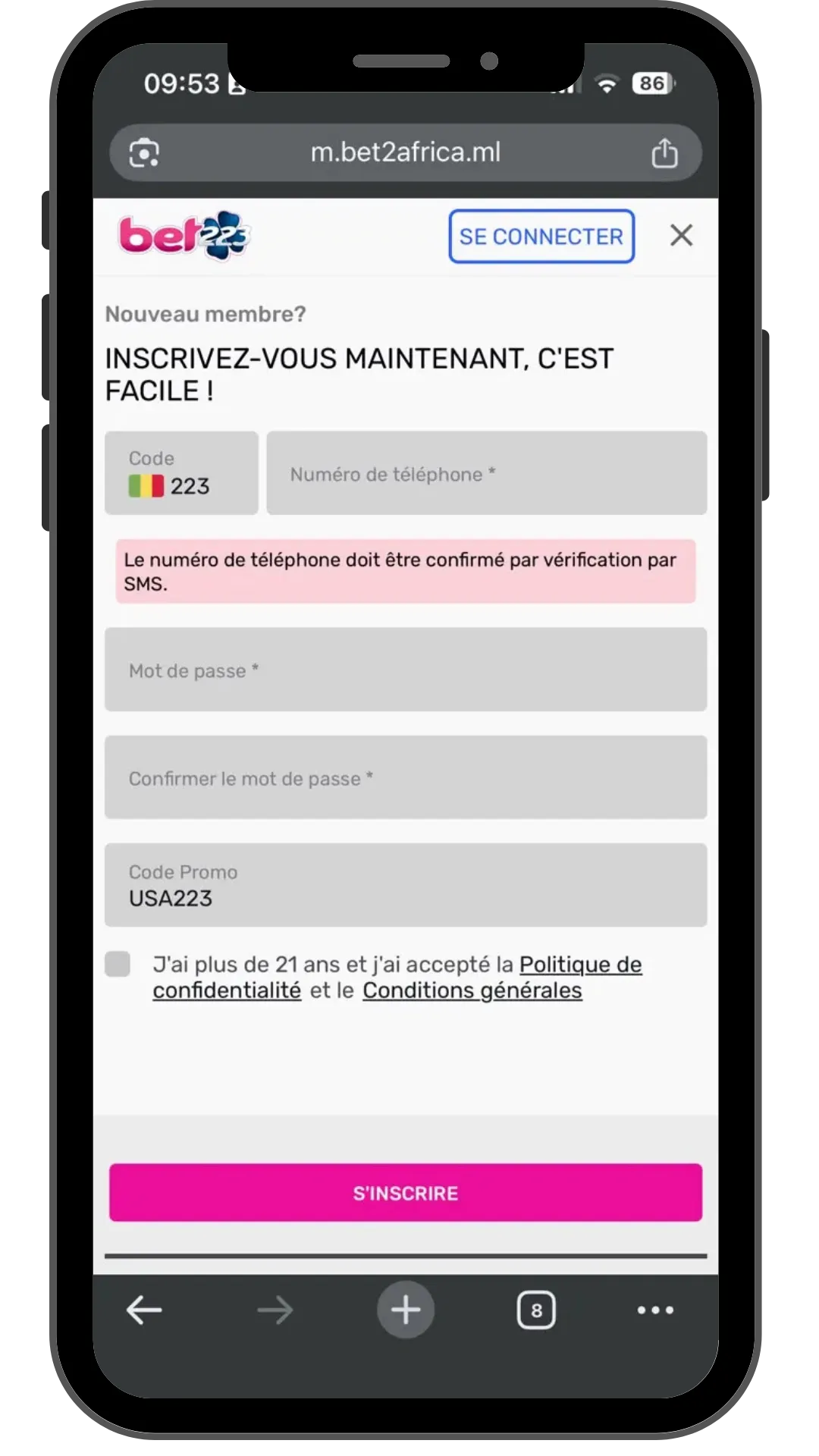 Activer le code promo Bet223 USA223 à l'inscription