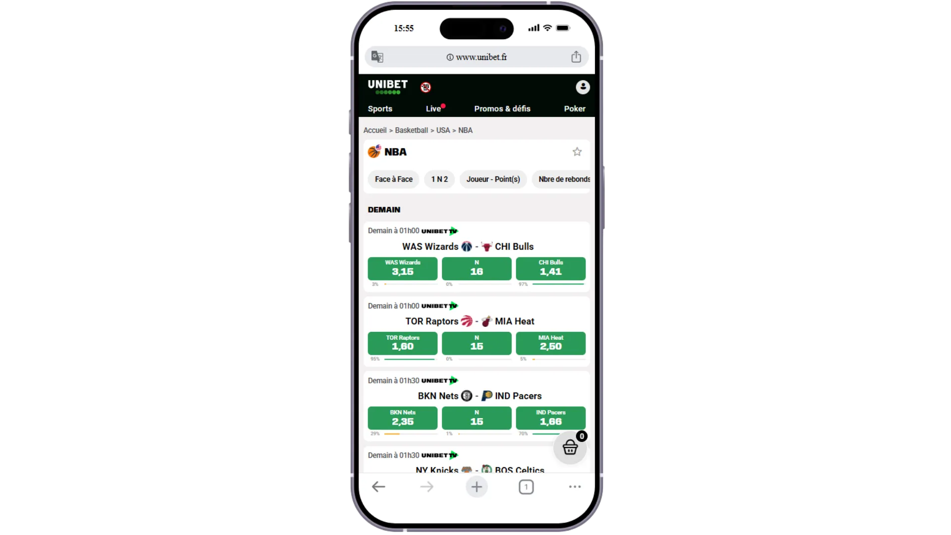 La section NBA d'Unibet avec les matchs du soir