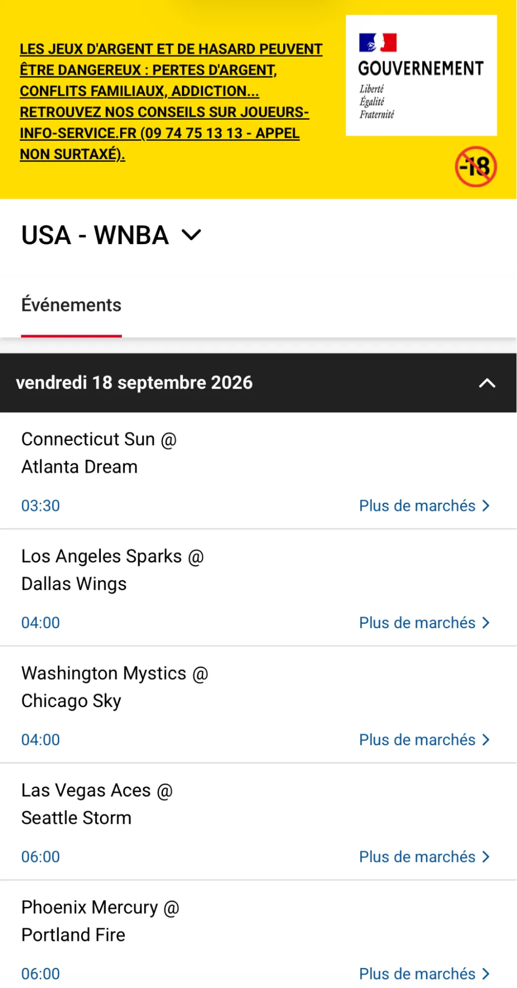 Liste des matchs WNBA sur la version mobile de PokerStars Sport