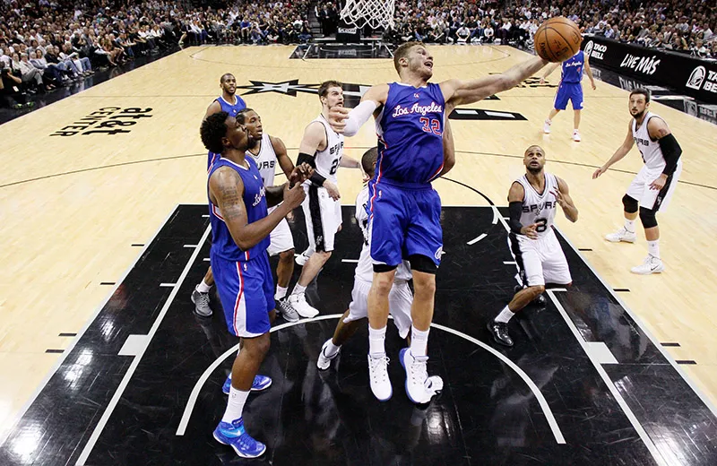 Apr 30, 2015; San Antonio, TX, USA; Los Angeles Clippers power forward Blake Griffin (32) grabs a rebound against the San Antonio Spurs in game six of the first round of the NBA Playoffs at AT&T Center. Mandatory Credit: Soobum Im-USA TODAY Sports