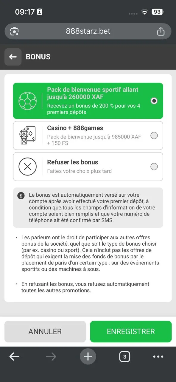 Choix du bonus de bienvenue sur le bookmaker 888starz