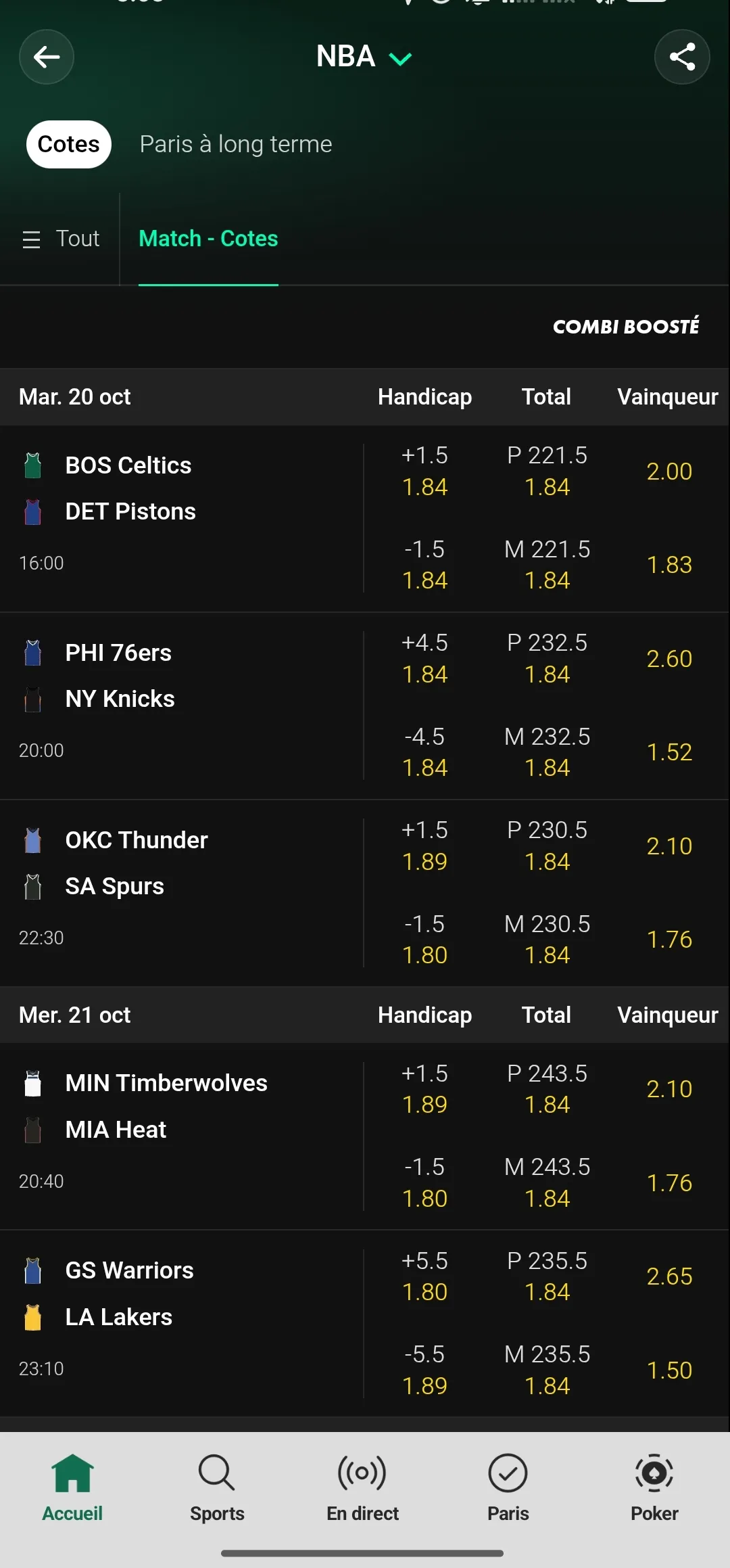 Interface de Bet365 sur les marchés de la première journée de NBA, le 19 août 2026