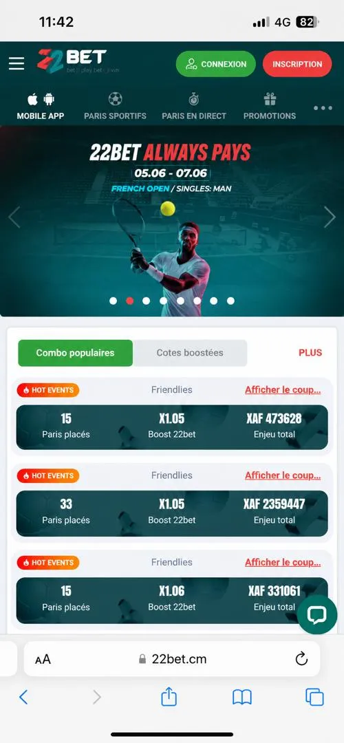 Page d'accueil de 22Bet sur mobile
