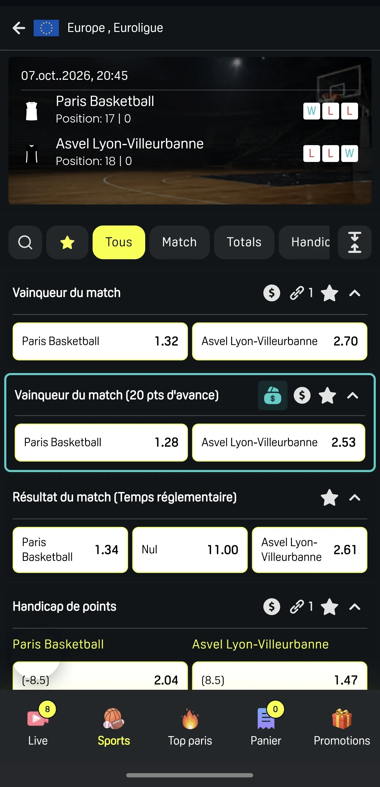 Match 100 % français en Euroleague avec option cashout  sur le pari entouré en bleu sur DaznBet