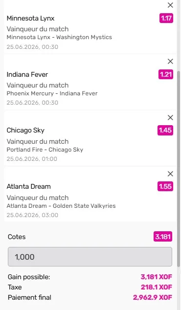 Ticket combiné cotes WNBA sur Bet223