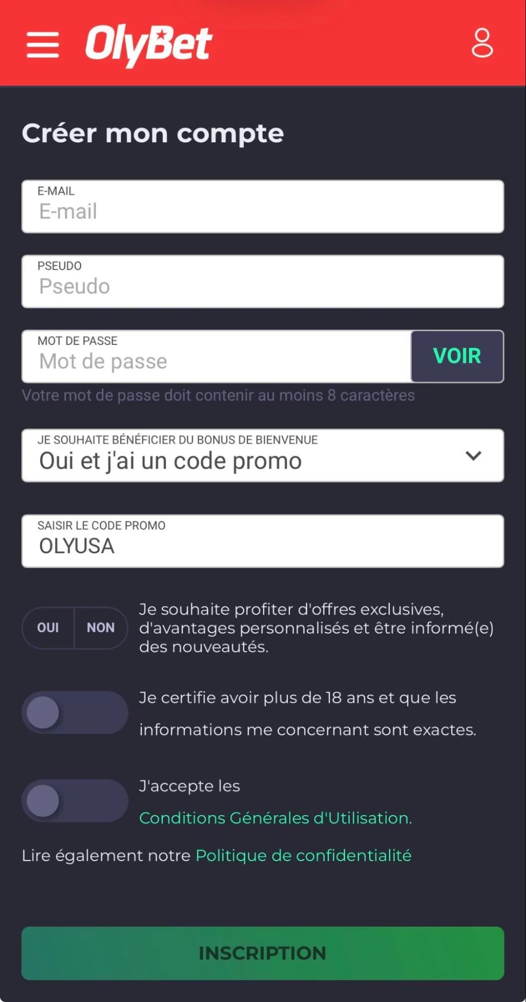 Formulaire d’inscription Olybet avec le champ code promo