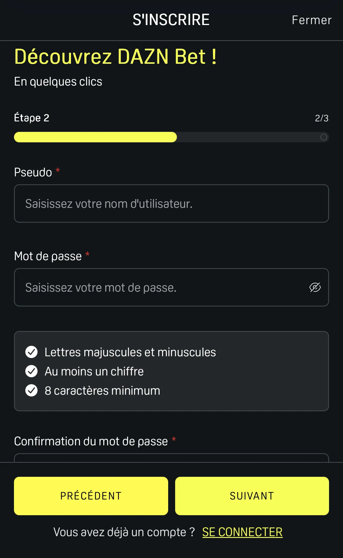 Etape 2 du formulaire d'inscription Daznbet