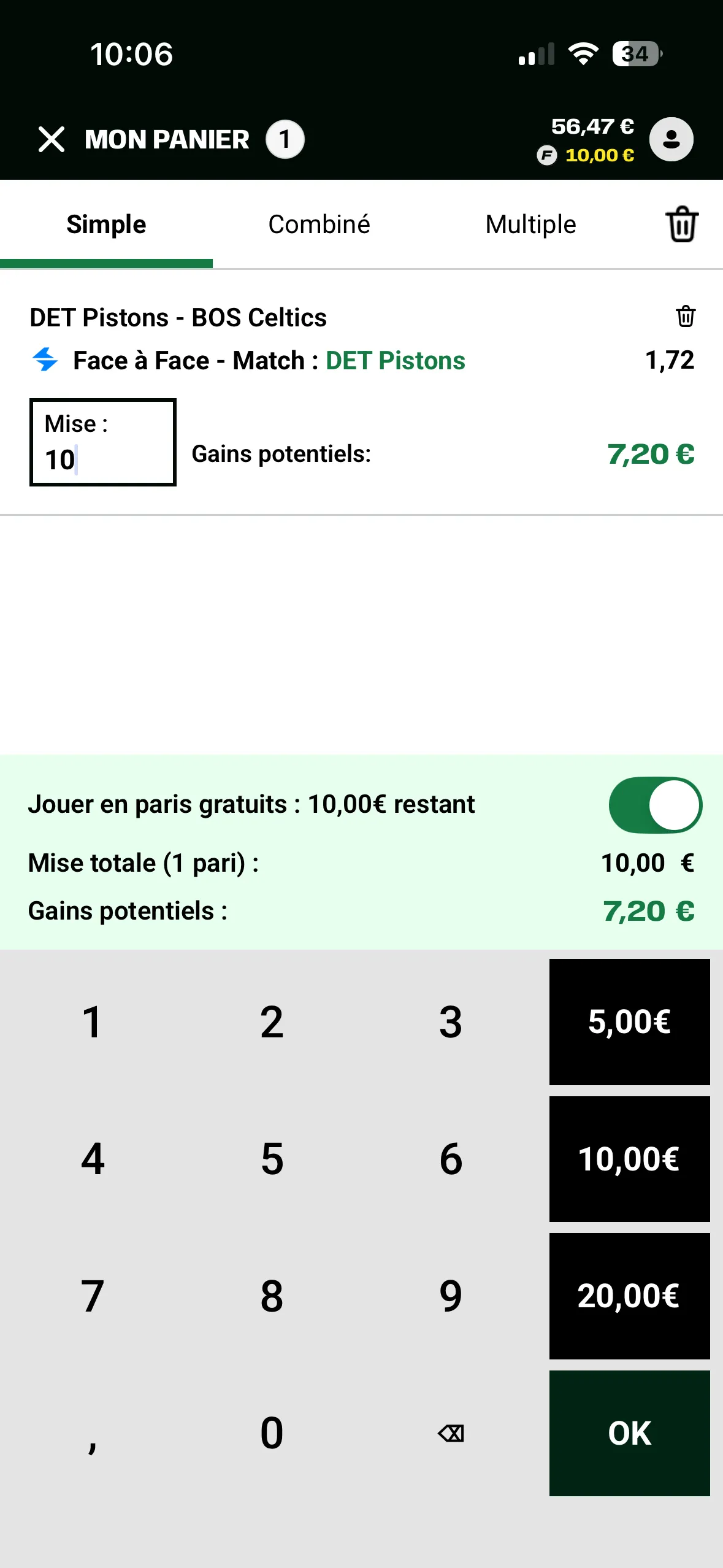 Exemple d'une mise en freebets d'un pari face à face sur le match Pistons-Celtics