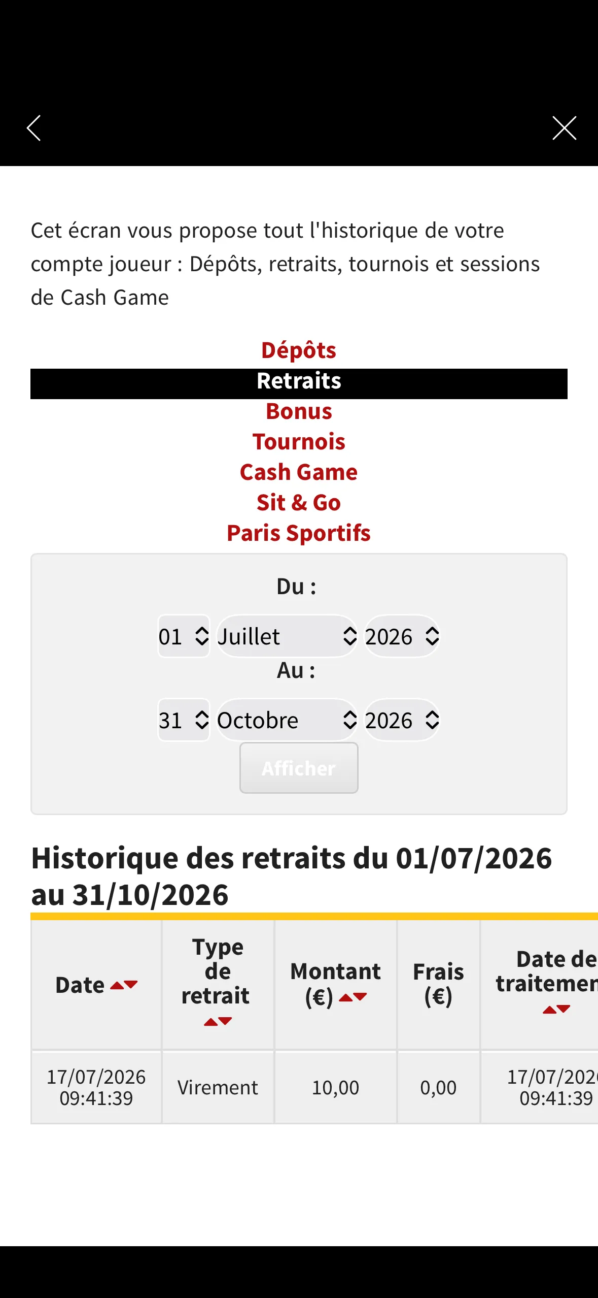 Mon historique de retrait chez Winamax