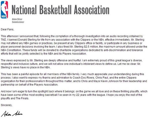 Lettre d'Adam Silver