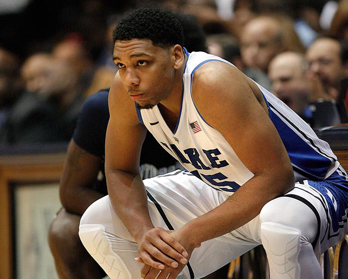 Nov 4, 2014; Durham, NC, USA; Duke Blue Devils center Jahlil Okafor (15) prepares to enter the game against the Livingstone Blue Bears in the second half at Cameron Indoor Stadium. Mandatory Credit: Mark Dolejs-USA TODAY Sports