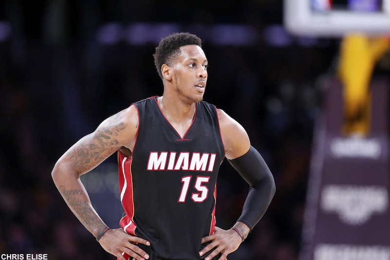13 January 2014: Miami Heat guard Mario Chalmers (15) rests during the Miami Heat 78-75 victory over the Los Angeles Lakers, at the Staples Center, Los Angeles, California, USA.