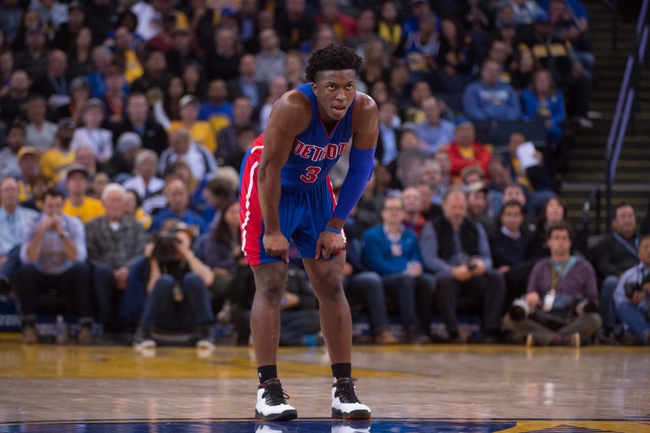November 9, 2015; Oakland, CA, USA; Detroit Pistons forward Stanley Johnson (3) looks on during the third quarter against the Golden State Warriors at Oracle Arena. The Warriors defeated the Pistons 109-95. Mandatory Credit: Kyle Terada-USA TODAY Sports