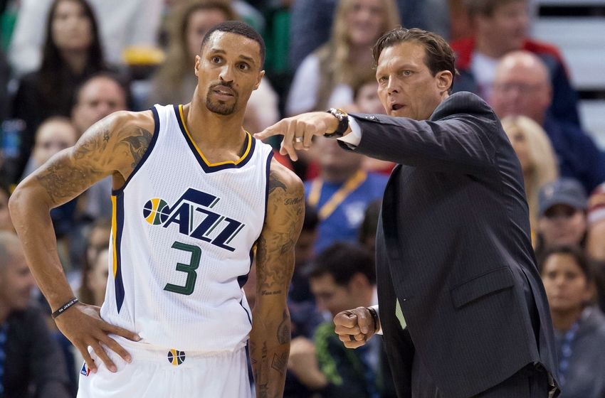 Nov 4, 2016; Salt Lake City, UT, USA; Utah Jazz head coach Quin Snyder talks with guard George Hill (3) during the first half against the San Antonio Spurs at Vivint Smart Home Arena. Mandatory Credit: Russ Isabella-USA TODAY Sports